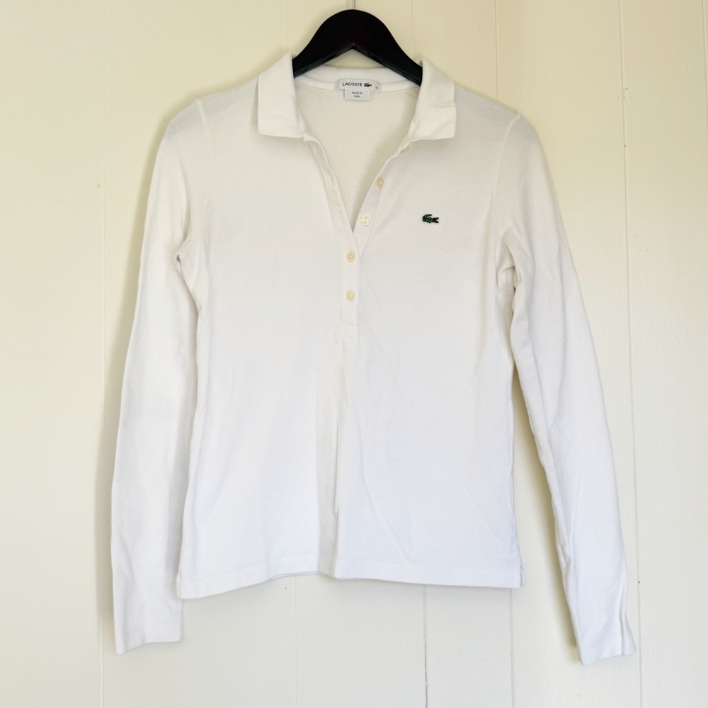 LACOSTE Women's White Button Down Long Sleeve Polo Shirt Medium